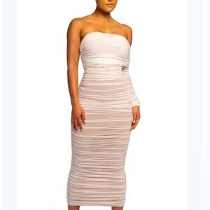 NWT JLUXLABELWhite Overlay Ruched One Shoulder Midi Bodycon Dress Sz Small